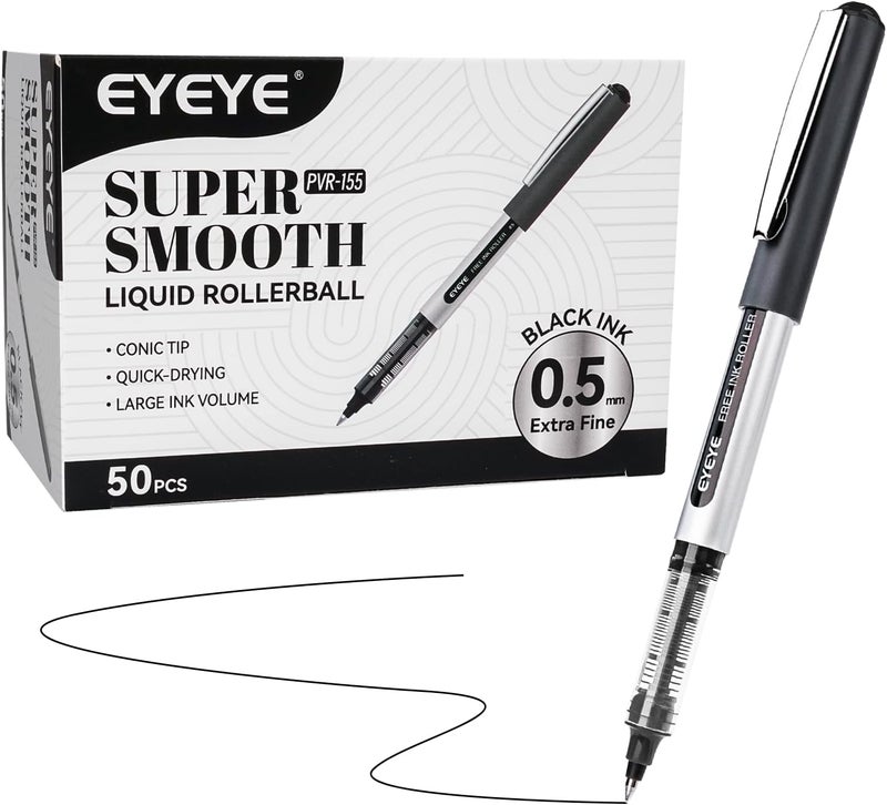 EYEYE Rollerball Pens 0.5mm Black 50 Pack, Extra Fine Point Quick Dry Liquid Ink Roller Ball Pens Fine Point Smooth Writing Pen for Journaling, Note Taking, Office, School Supplies - Image 2